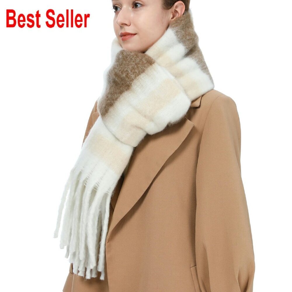 Oversized Chunky Plaid Scarf Soft Cashmere Feel Thick Winter Wrap Fringed